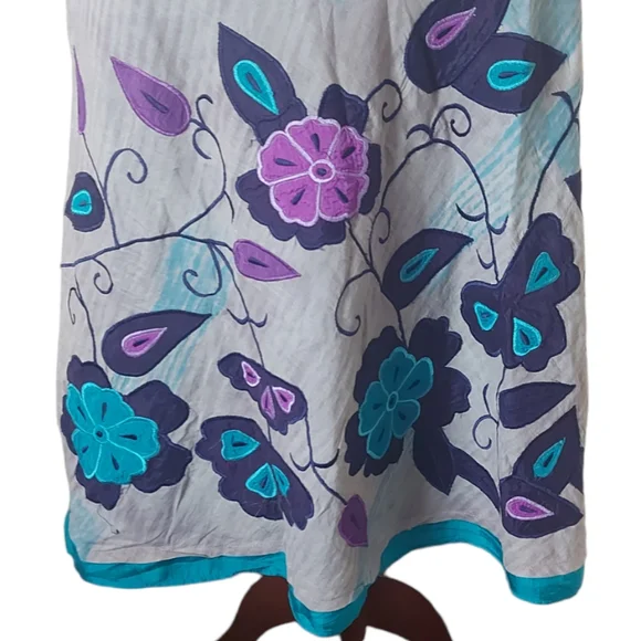 Monsoon Embroidered Skirt UK Size 16 Applique Beige Purple Blue A-line Lined - Picture 5 of 8